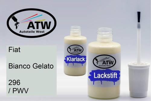 Fiat, Bianco Gelato, 296 / PWV: 20ml Lackstift + 20ml Klarlack - Set, von ATW Autoteile West.